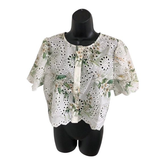 White crochet eyelet style green floral button down blouse top size Large new - Picture 1 of 15